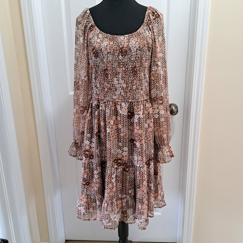 Long Sleeve Floral Smocked Waist Dress Womens Large Pink Brown Boho Flowy Light